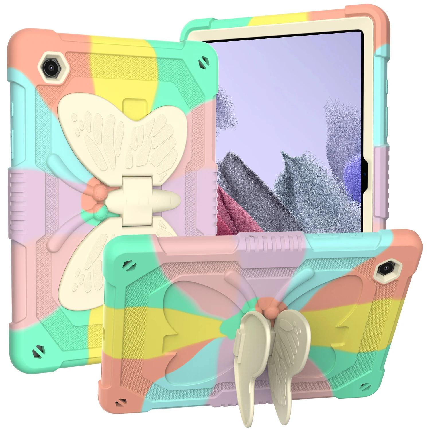 

For Samsung Galaxy Tab A8 10.5 SM-X200 SM-X205 Case 3D Butterfly Wing Holder Shoulder Strap Hybird Armor PC Rubber Tablet Cover