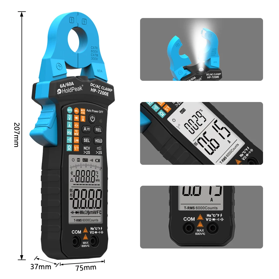 Auto-select & Auto-range 6A/60A TRUE-RMS DIGITAL DC/AC CLAMP METER DC & AC voltage, DC & AC current, resistance HP-7200E