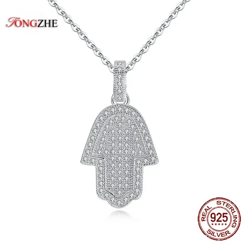 TONGZHE Lucky Hamsa Hand Pendants Necklace Real 925 Sterling Silver Pave Setting CZ Luxury Accessories Ethnic Turkey Jewelry