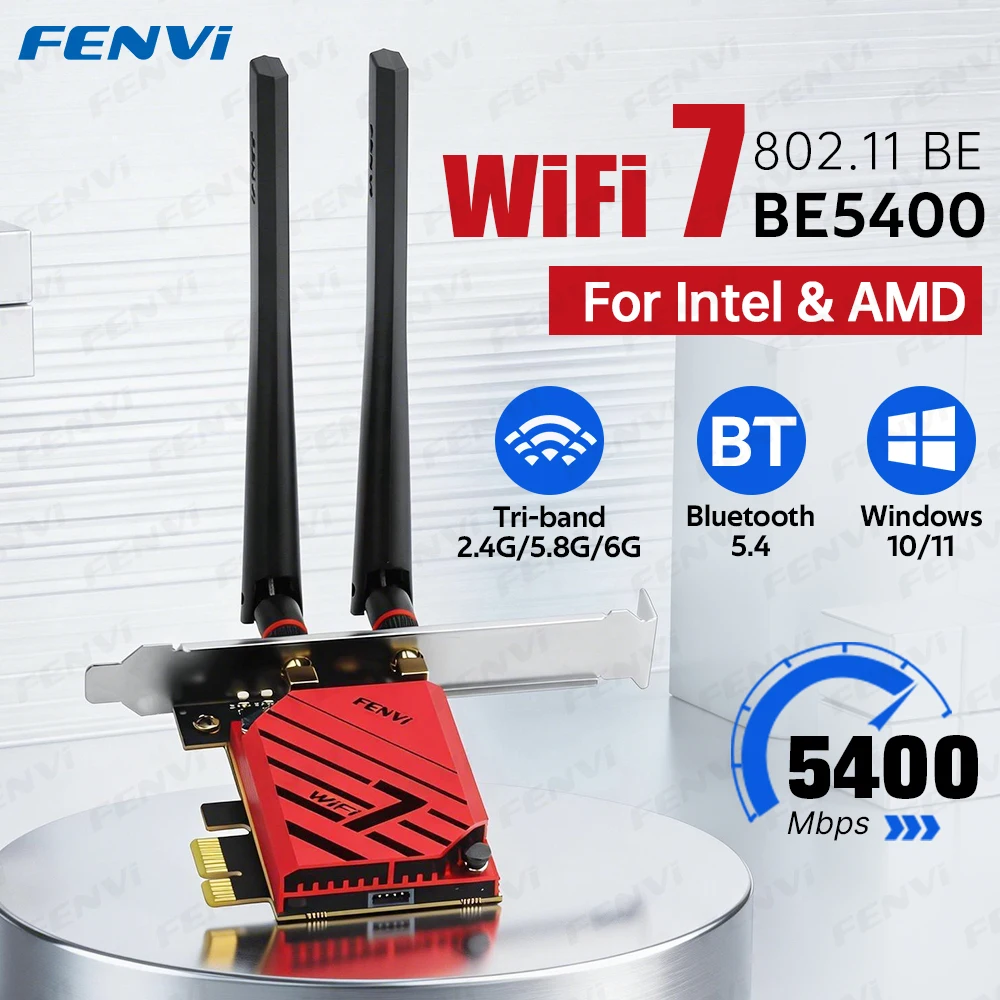 

Беспроводной адаптер fenvi WiFi 7 Pcie Bluetooth 5.4 MT7925, сетевая карта WiFi7 BE5400, трехдиапазонная 2,4G/5G/6ГГц для настольных ПК с Windows 10/11