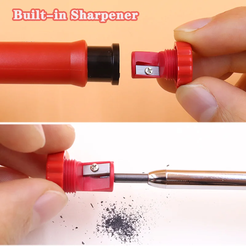 2.8mm Metal Solid Carpenter Mechanical Pencil with Sharpener for Woodworking Construction Long Head Deep Hole Black Red Yellow