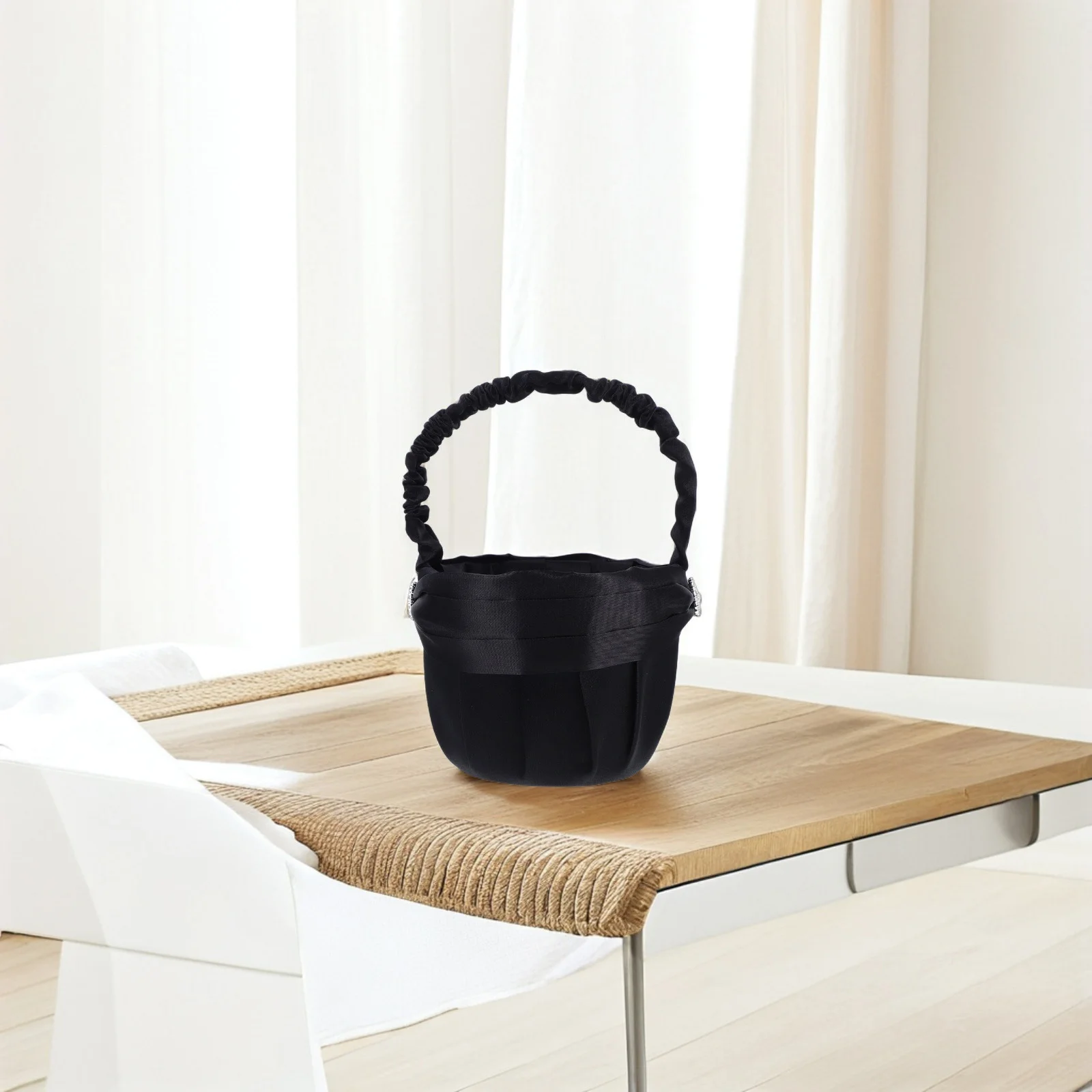 꽃 모양 블랙 라인스톤 장식 경량 손잡이 웨딩 파티 신부 바구니 연회 장식 용품