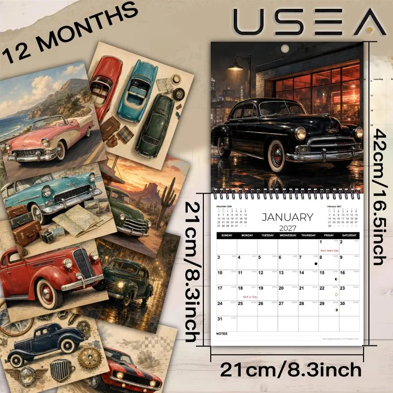 2027 Cars Wall Calendar, Large Writable Blocks with US Federal Holidays, Aesthetic Decor Gift for Car Lovers Coworker Men