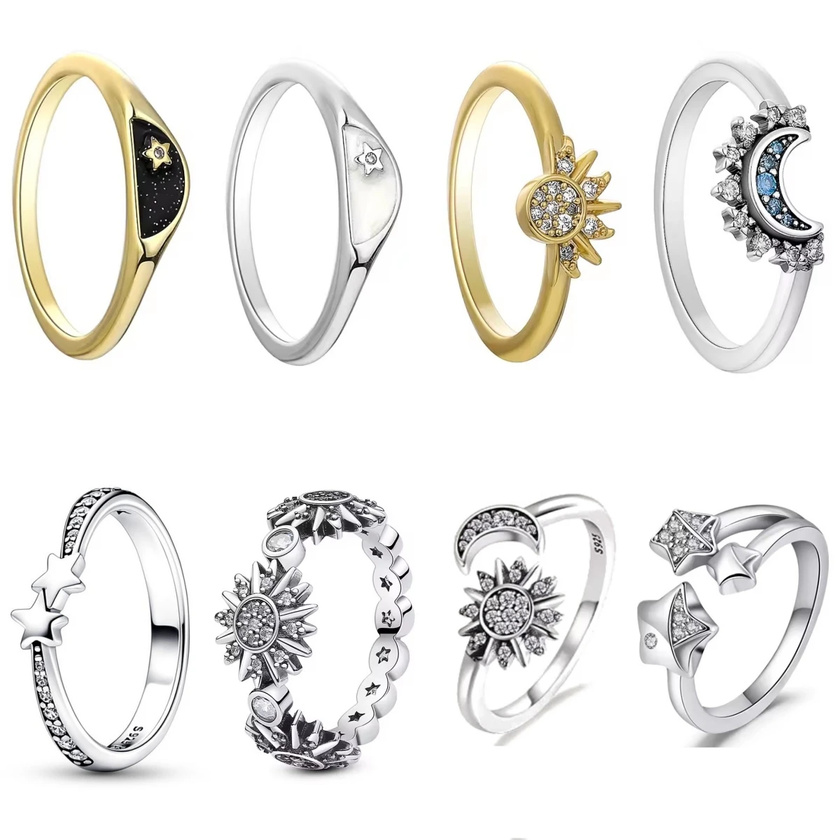 مجموعة خواتم زفاف أصلية من الفضة والنجوم والقمر باللونين الأبيض والأسود للنساء مجوهرات فاخرة وهدايا للحفلات من 1 دولار