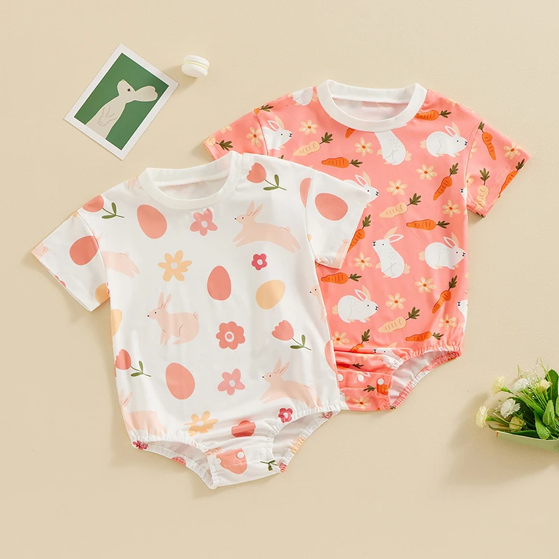 Baby Boy Girl Easter Jumpsuit Summer Outfits Carrot Bunny Print Short Sleeve Sweatshirt Romper Cute Toddler Clothes