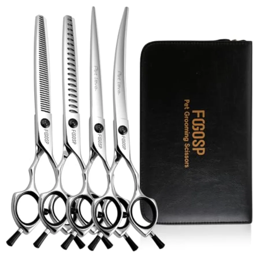 Dog Grooming Scissors Kit 7.5 in Professional Curved Thinning Straight Chunker Shears Grooming Big Dogs Poodle Pet Japan 440C S