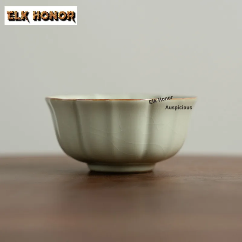 75ml Ru Kiln Chrysanthemum Petal Teacup Ancient Tea Bowl Jug Tea-tasting Meditation Cup Chazhan Master Cups Cafes Accessories