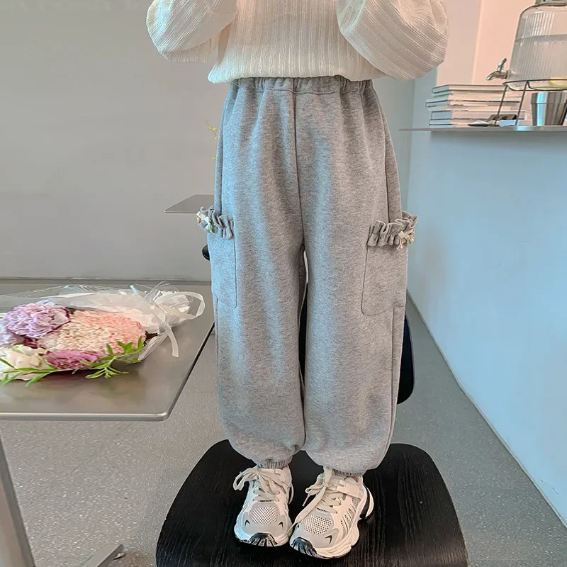 Girls Pants Autumn Children's Underwear 2024 New Baby Fashionable Little Girl Solid Color Pocket Leg Pants image 4