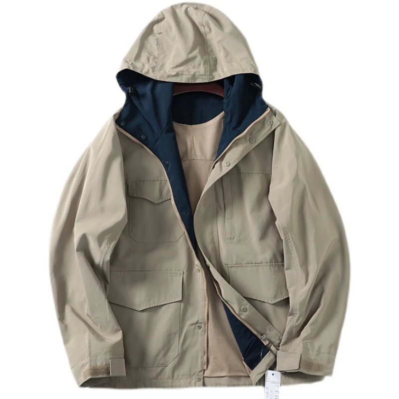 

Hooded Multiple Pockets Hiking Jacket Mens Japanese Style Waterproof Breathable Cargo Coat Male Vintage Solid Streetwear Jackets