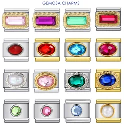 GEMOSA Rectangle Round Ellipse Colorful Zirconia Charms Italian Links 9mm Bracelets Bangle Stainless Steel DIY Making Jewelry