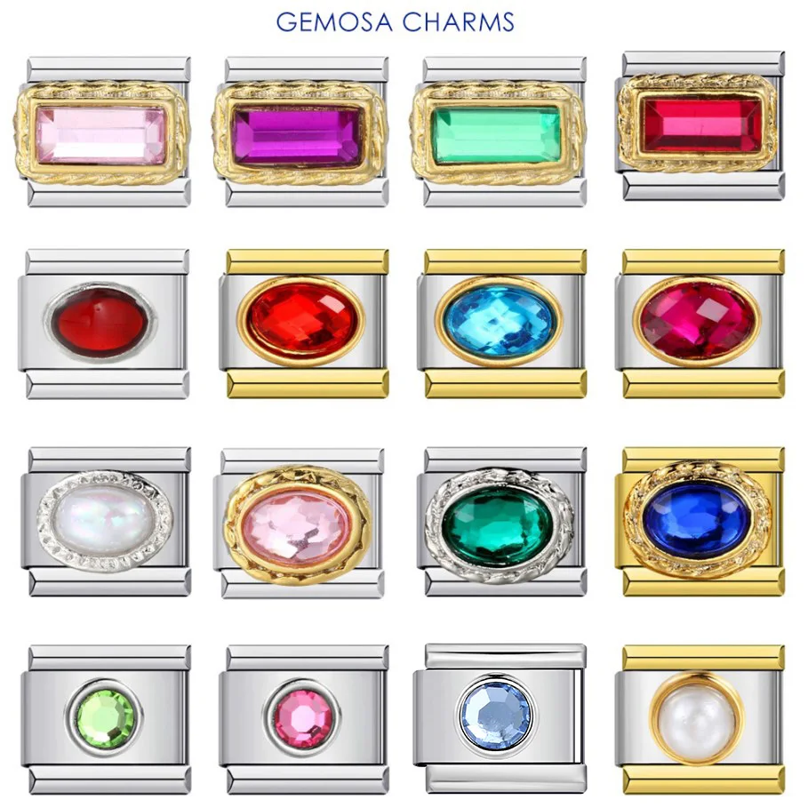 GEMOSA Rectangle Round Ellipse Colorful Zirconia Charms Italian Links 9mm Bracelets Bangle Stainless Steel DIY Making Jewelry