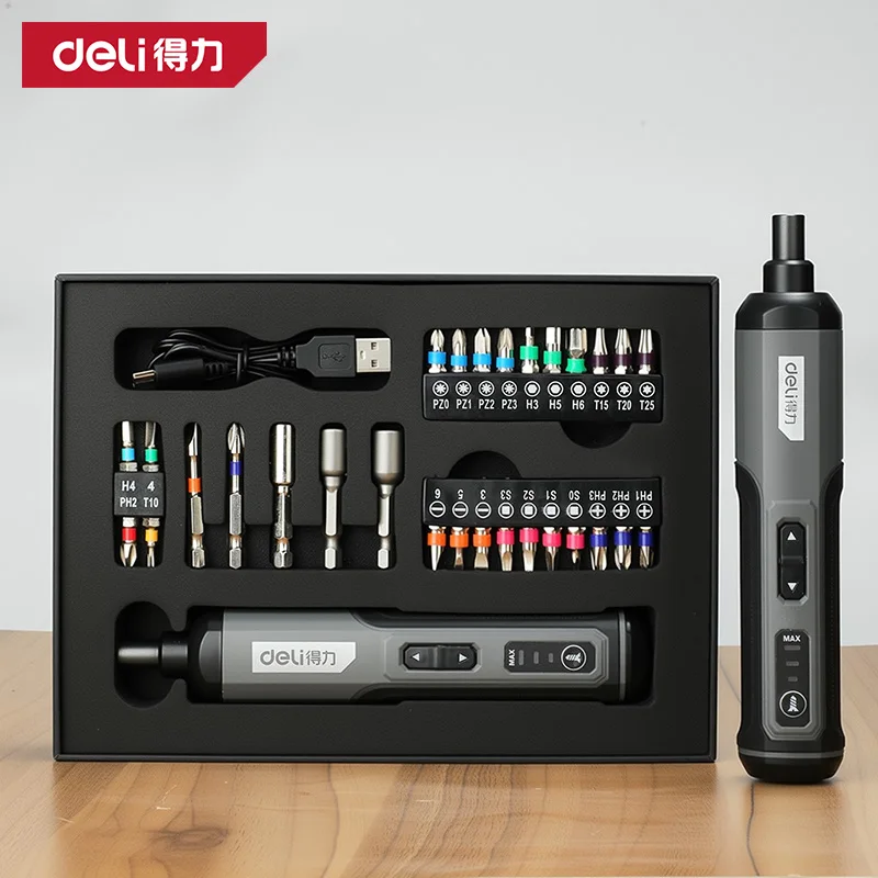 Deli Electric Screwdriver 3-Speed Large Torque Cordless 2000mAh Battery Drill 4V Power Tools Set Household Maintenance Repai