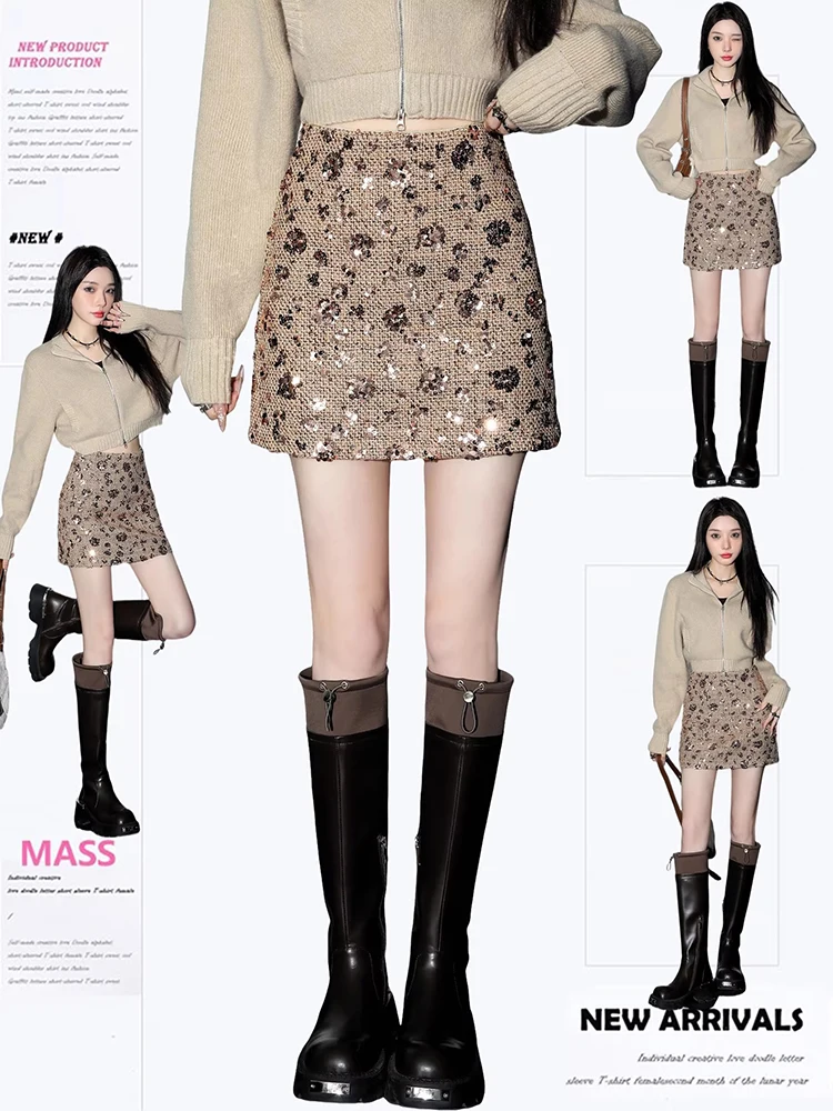 

Women's Glitter Skirt Sweet Sparkling Heavy Industry Floral A-Line High Waist Skirt Korean Fashion Autumn Winter Versatile
