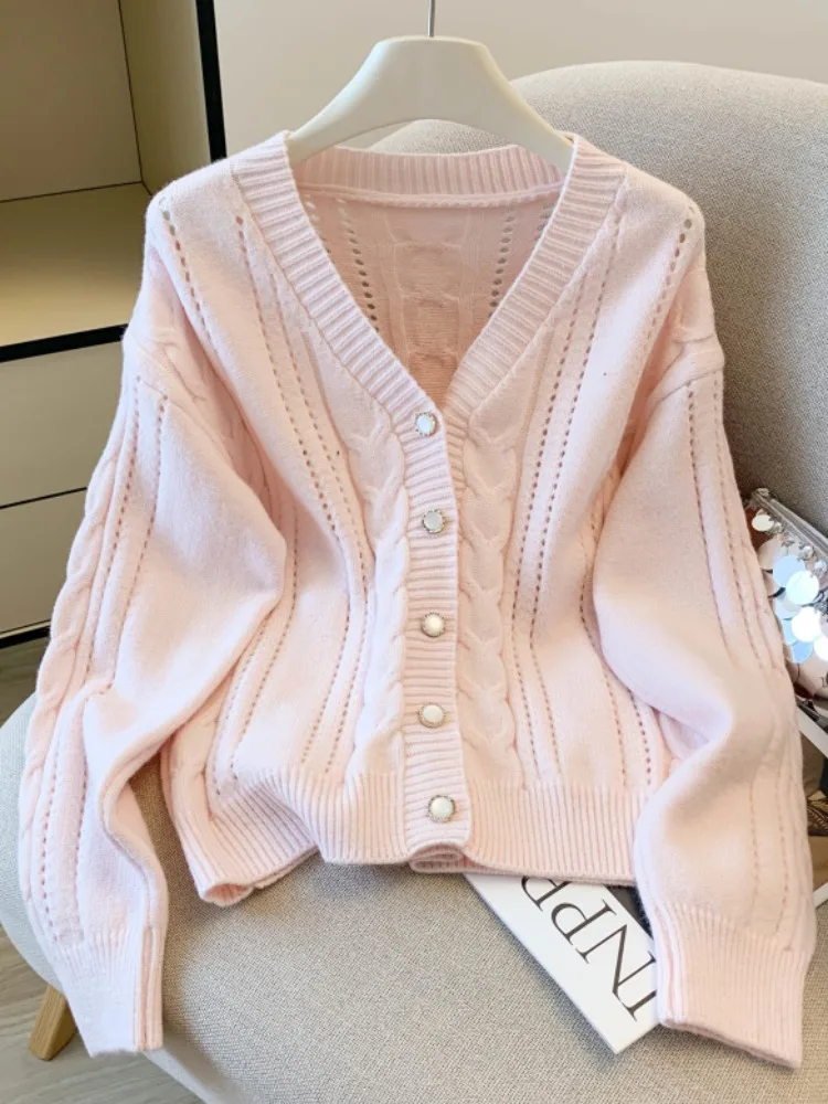 

Pink Sweet V-Ne Knitted Sweater Coat Women's Loose Lazy Sle Autumn Winter Open Cardigan Knitwear Korean Version Button Em...