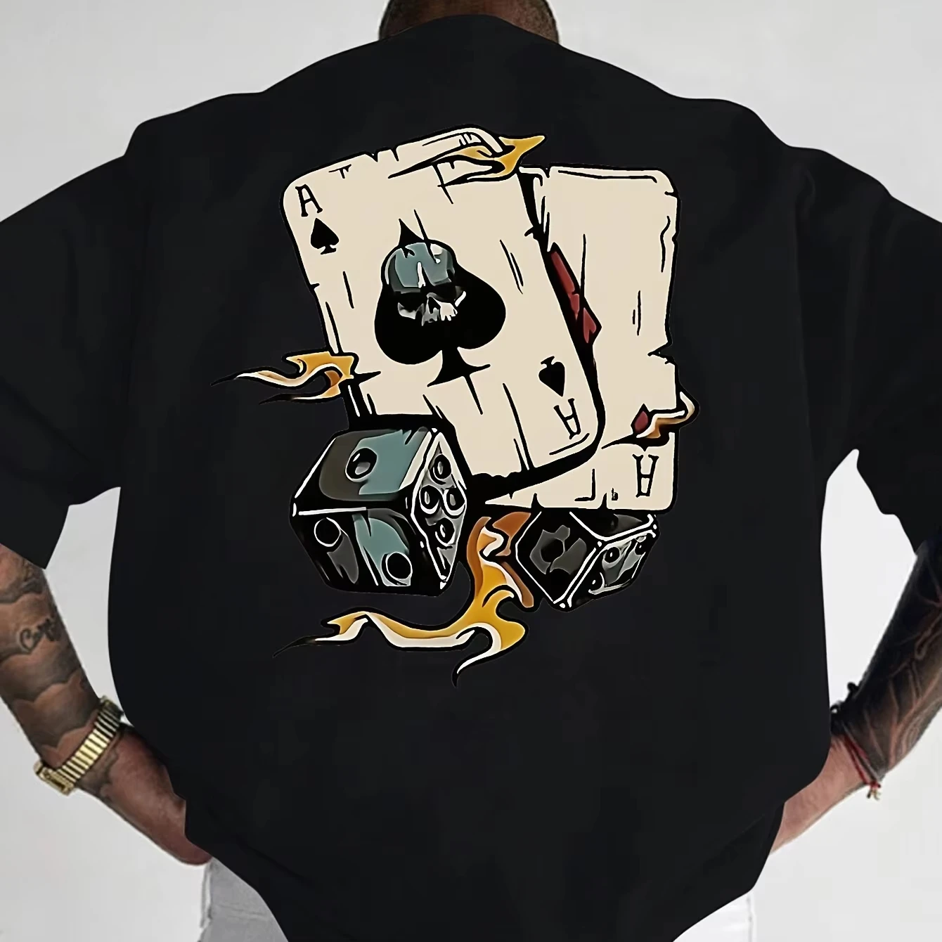 Men's Summer Cotton Stylish Casual Loose T-shirt New Arrival Vintage Retro Skull Ace Playing Card Dice Graphic Print T‑Shirt