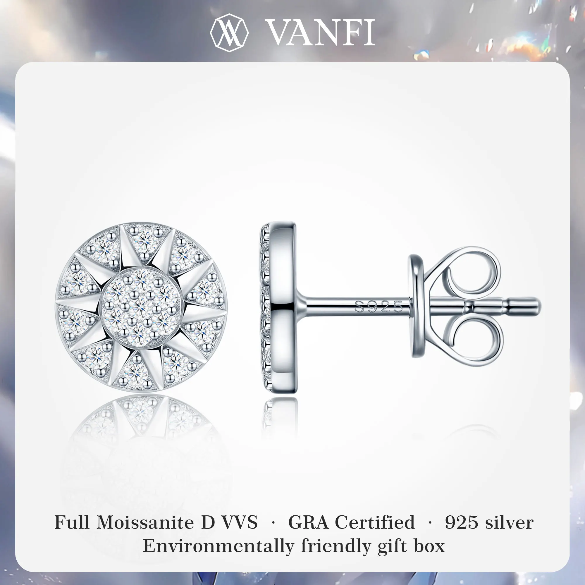KFVANFI Sunburst Moissanite Stud Earrings 925 Sterling Silver White Gold Plated D Color VVS1 GRA Certified Gift for Women Gift