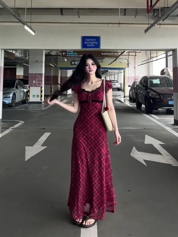 Rétro dentelle garniture bulle Sve Dr Plaid et dentelle épissage été nouvelle taille cintrée longue Dr taille haute trajet Sle