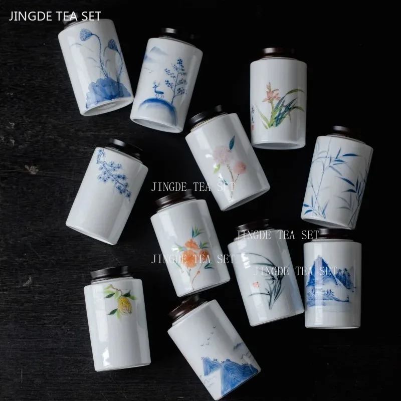 220ml Hand-painted Ceramic Tea Jar Ebony Lid Storage Jar Portable Moisture-proof Coffee Container White Porcelain Tea Sealed Jar