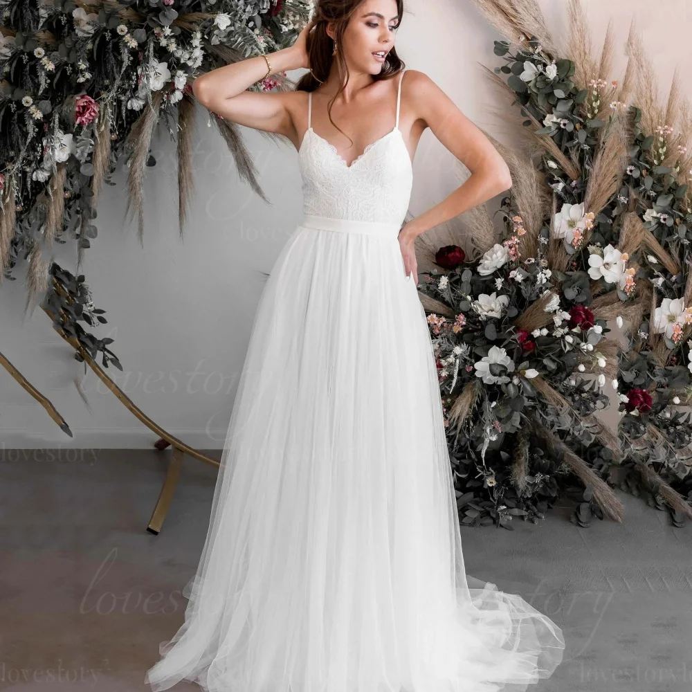 

Свадебные платья на заказ: А-силуэт, V-образный вырез, на тонких бретелях, кружевное, из тюля, в стиле бохо, vestido de novia