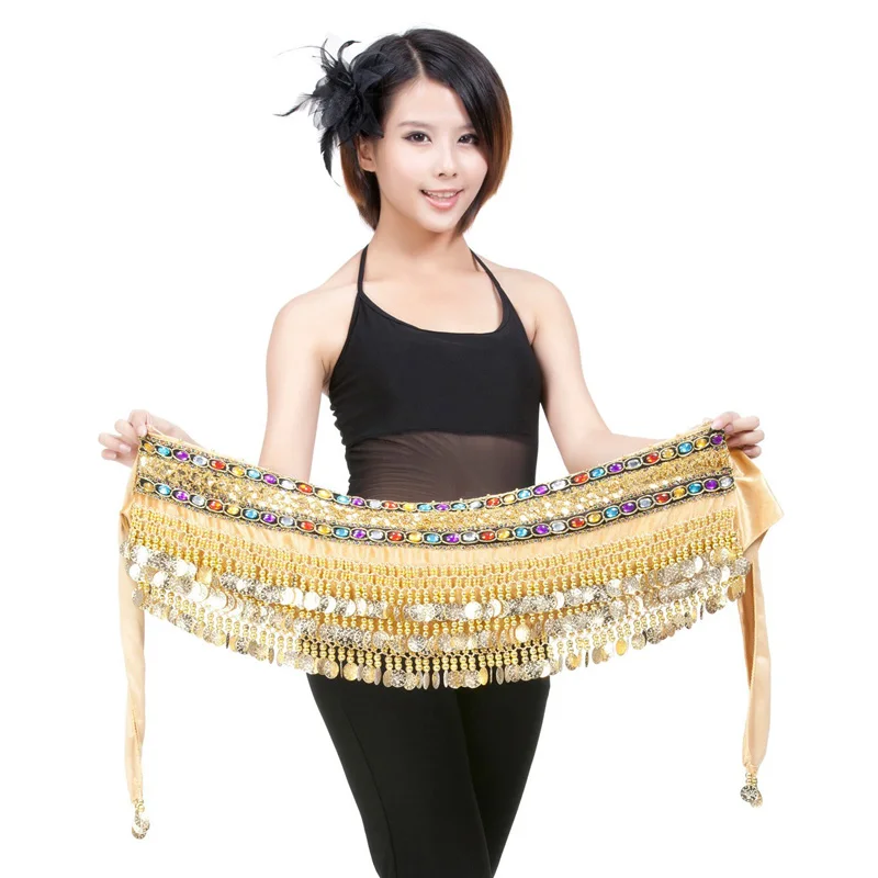 Women\'s Belly Dance Gold Coin Belt Shining Belly Dance Hip Scarf Velvet Indian Dance Costume Oriental Hip Scarf Wrap Skirt