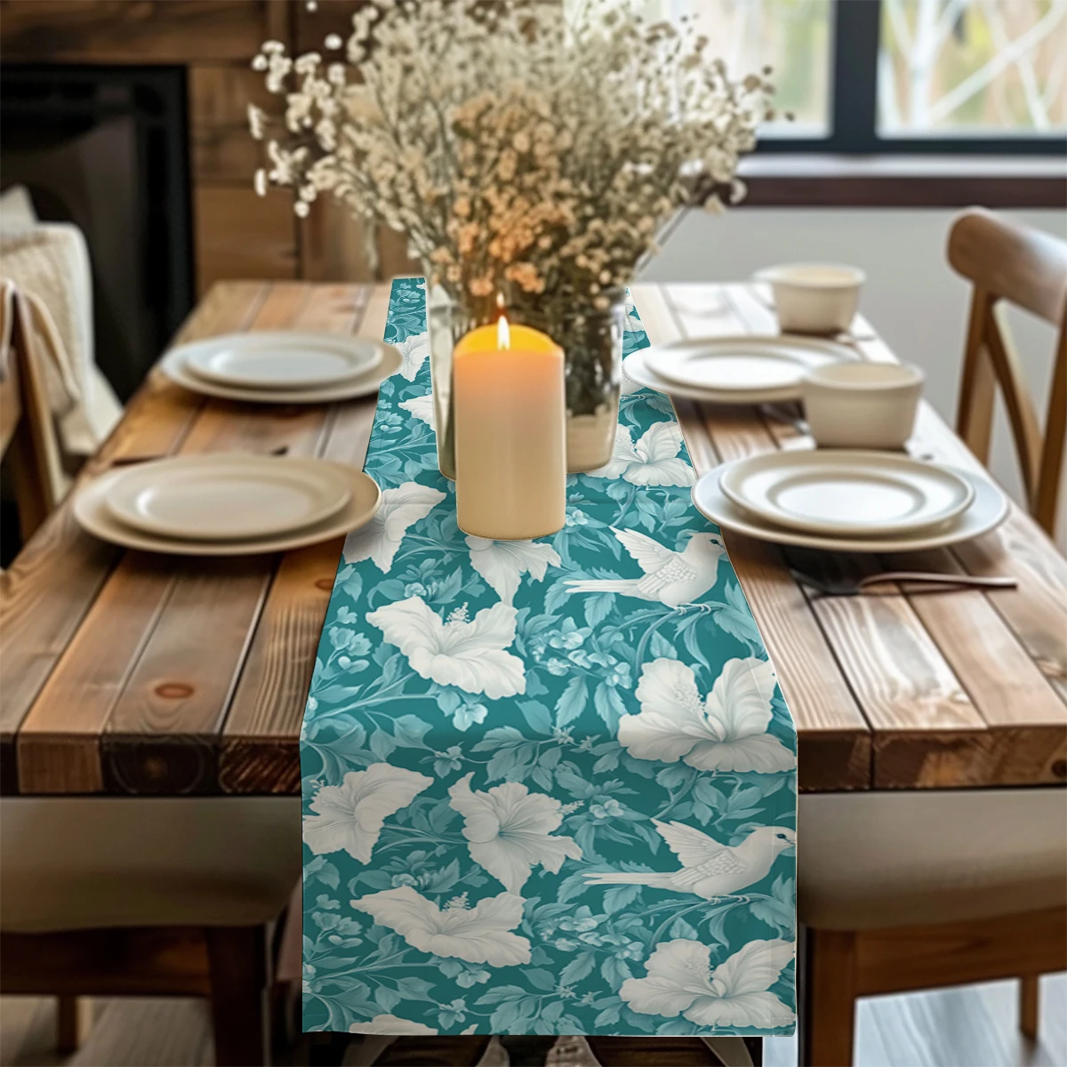 Crane and Lily Branches Table Runner Farmhouse Dining Table Runners Wedding Party Table Decoration