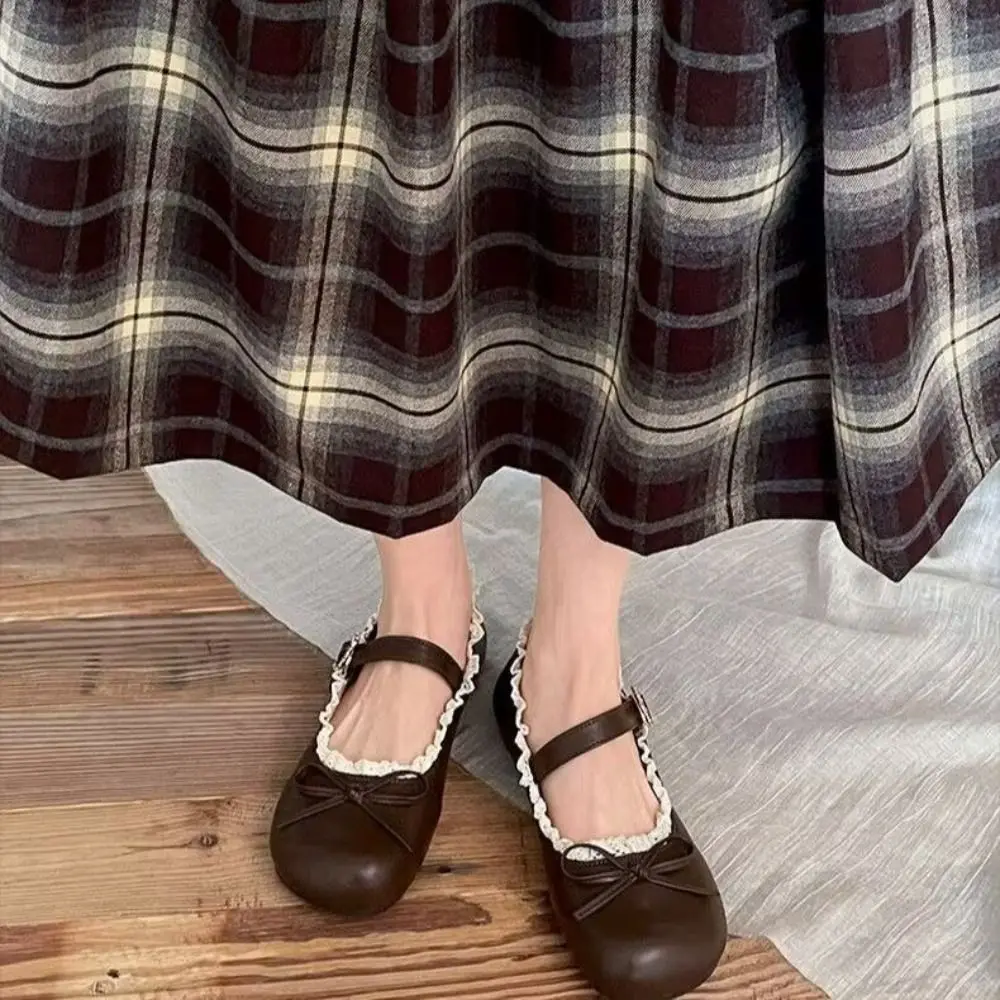 Fashion PU Leather JK Flat Shoes Lace Ruffled Sweet Casual Ballet Flats Soft Sole Bow Slip On Loafers Girls