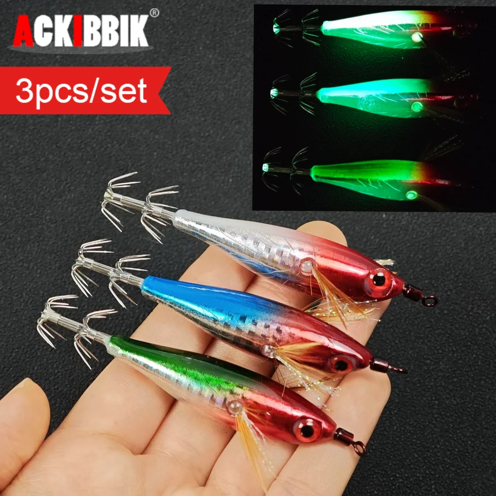 3pcs UV Horizontal Squid Jig Egi Set Luminous Glow in The Dark Wood Shrimp Lure UV Reactive Saltwater Cuttlefish Octopus Bait
