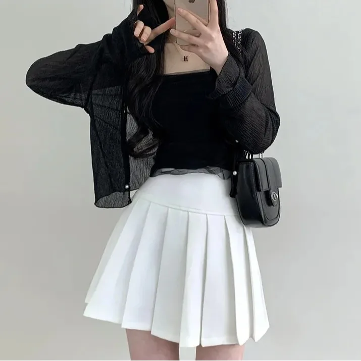 

Korean Chic Sweet Super Fairy Long Sleeve Open Cardigan Mesh Splice Knitted Tube Top Fashion Top Women's Summer Sunscreen Set