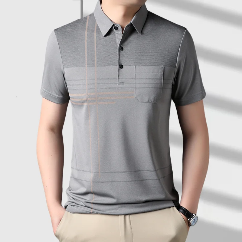 Summer Men Short Sleeve Striped Polo Shirts Streetwear Fashion Business T-Shirt Koreon New Male Clothes Pockets Loose Casual Top