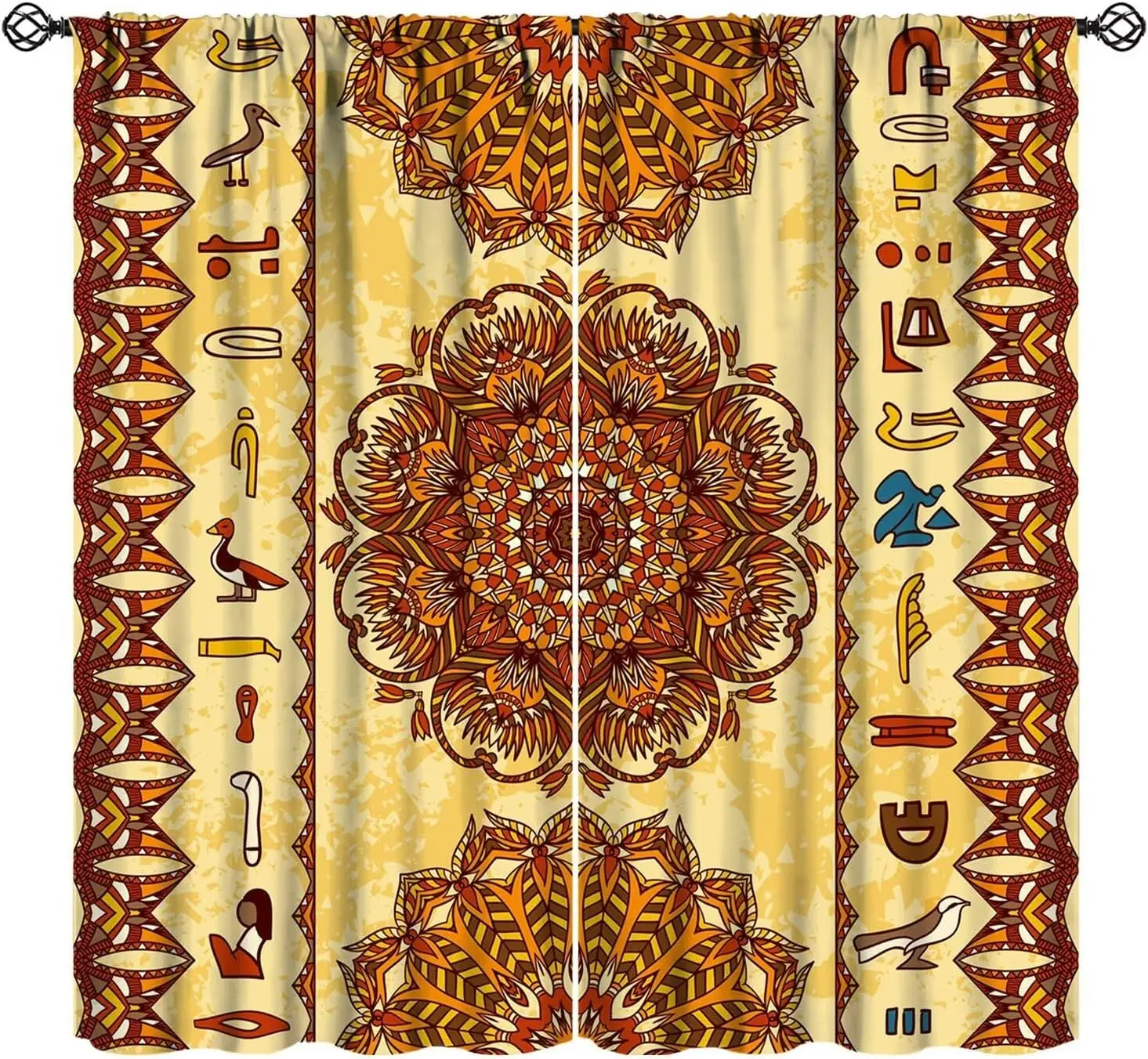 Vintage Egypt Curtains, Ancient Egyptian Hieroglyphs Boho Mandala Geometric Print Window Treatments for Kitchen Bedroon Living