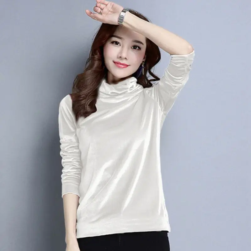 High Collar Gold Velvet Fashion Solid Color Underlay Shirt for Women AutumnWinter New Korean Version Slim Fit Underlay Top