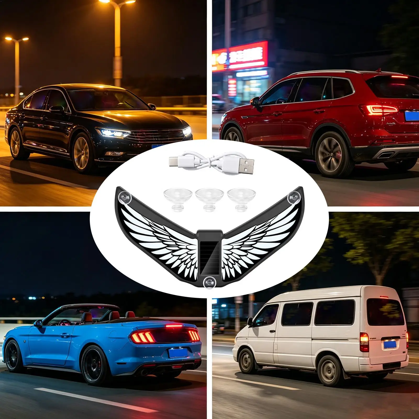 Car LED Interior Light Solar Suction Cup Neon Decoration Lamp Cartoon Wings Car Window Light For Drivers Enthusiasts Women Men