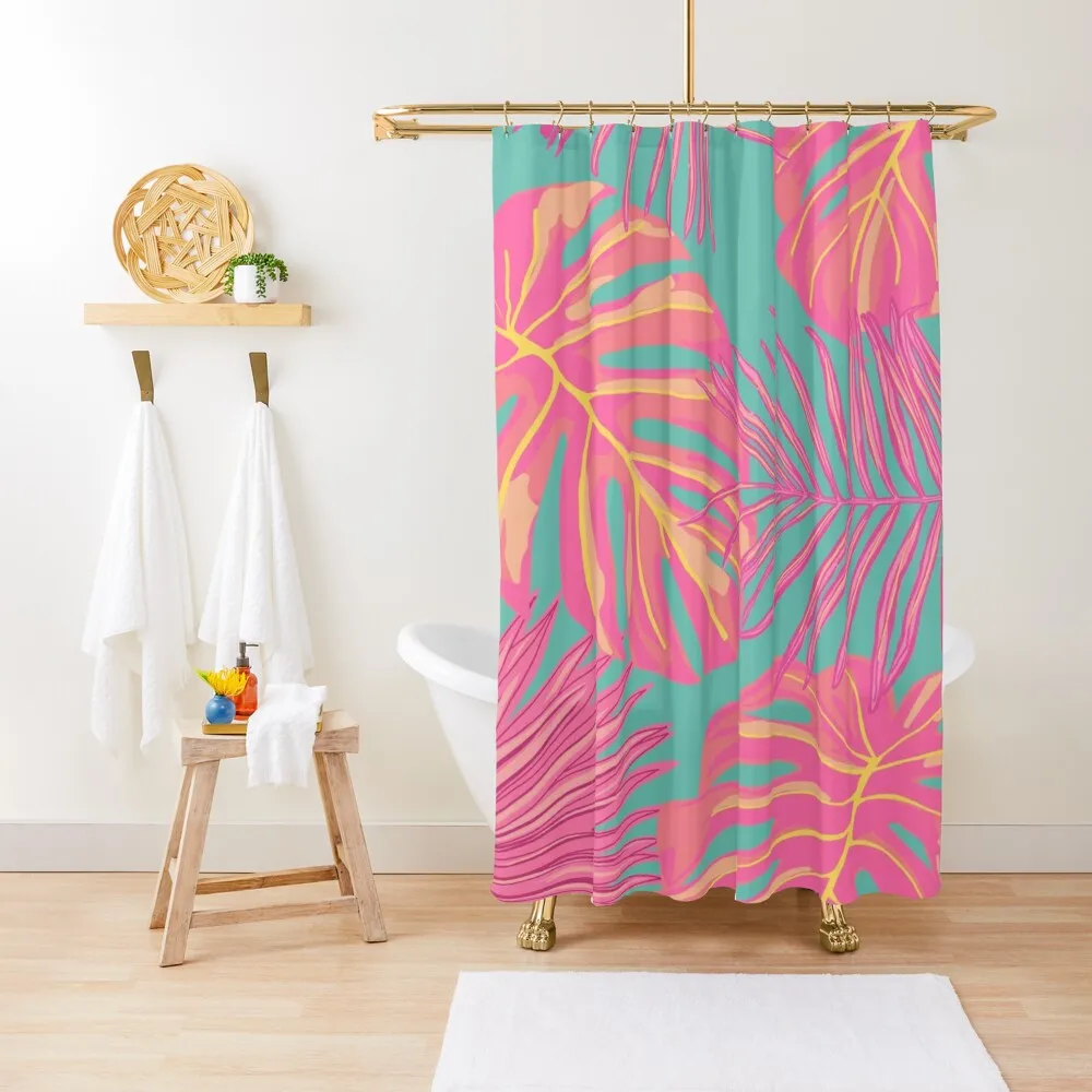 

Tropical Leaves in Pink and Turquoise Shower Curtain Shower For Bathroom Window Waterproof Fabric Shower Curtain