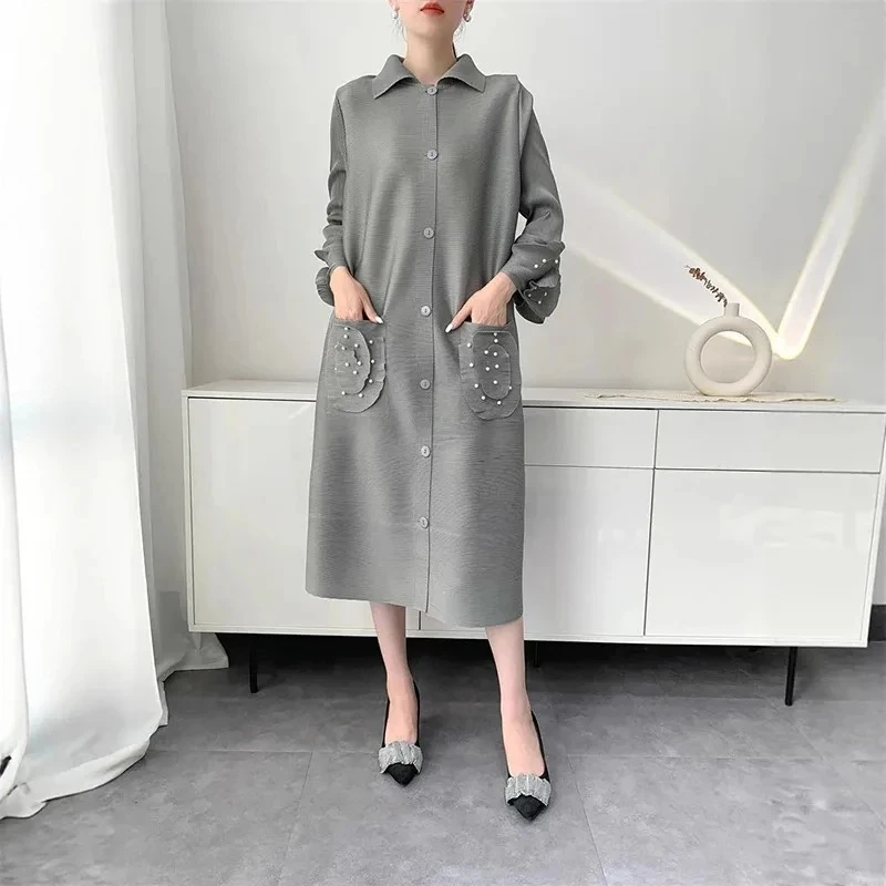 

Miyake 2025 Summer New Solid Colour Beaded Double Pocket Design Women's Pleated Dress Elastic Single Breasted Cardigan Dresses