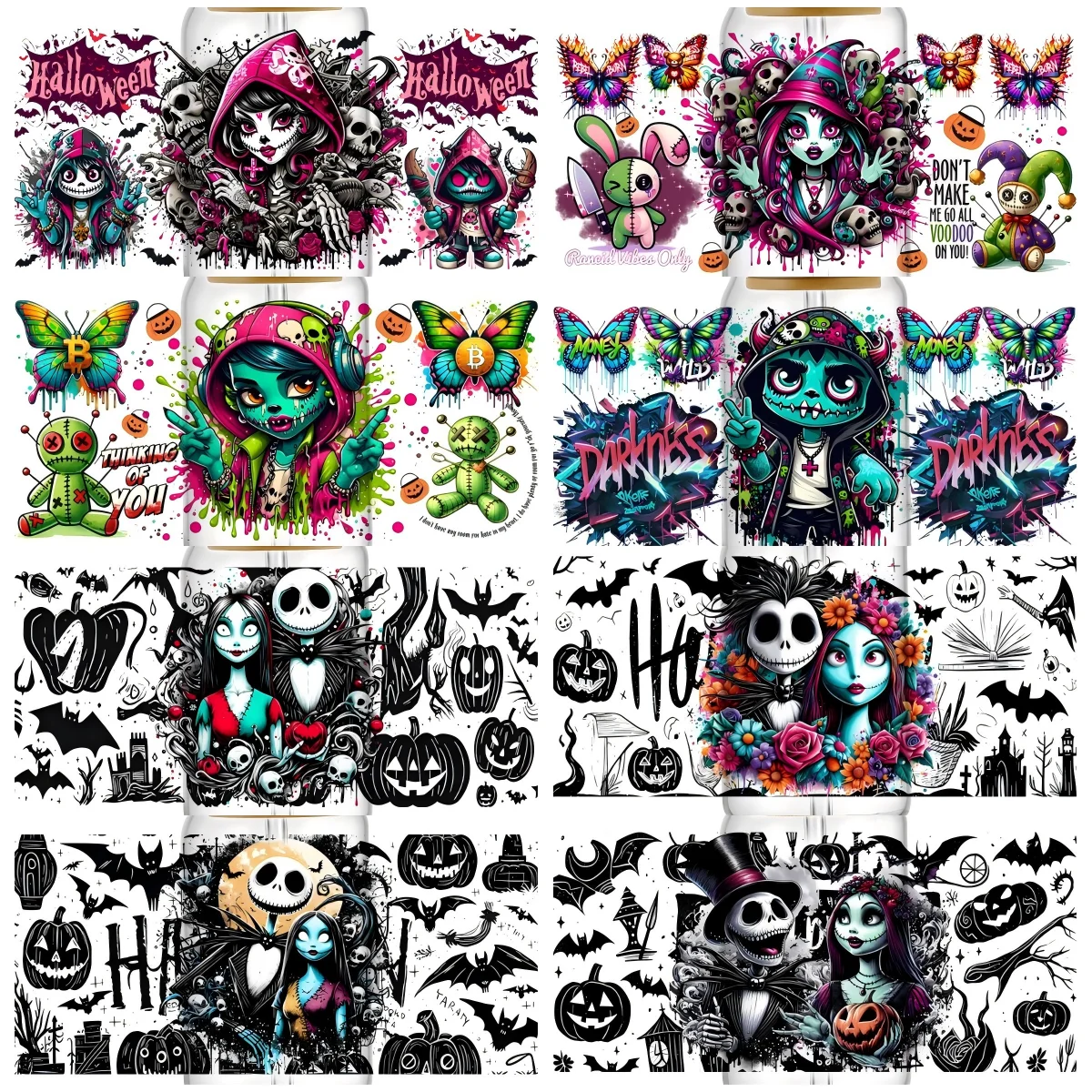 

Halloween Theme 3D UV DTF Transfer Sticker For 16oz Libbey Cup Zombie Bride Design Cup Wrap Day of the Dead 3D Sticker