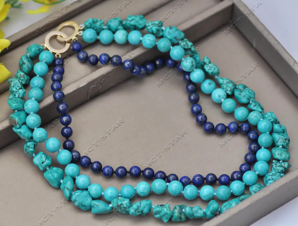 Z13246 3row Natural Round Blue Lapis Lazuli Green Baroque Turquoise Necklace Custom Jewelry