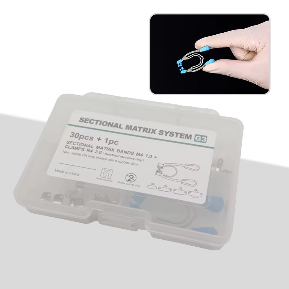 

Стоматологическая матричная система — металлические контурные ленты и зажимы для наполнителей с разделительными кольцами, автоклавируемые для клиники