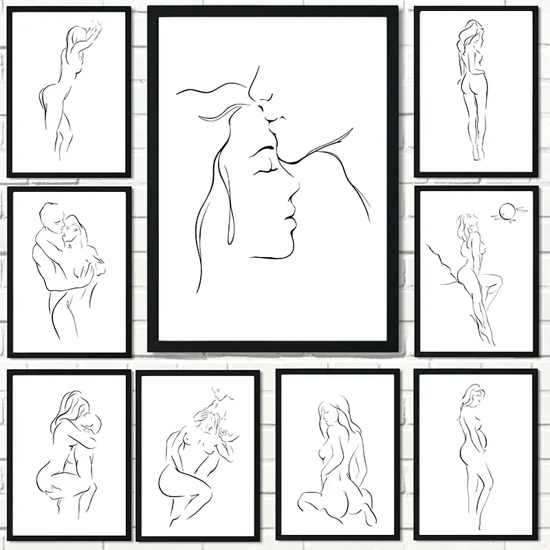 Minimalist Style Couple Wall Art, Canvas Painting, Line Drawing, Hand, Love, Kiss Posters, Prints, Pictures, Home Decor