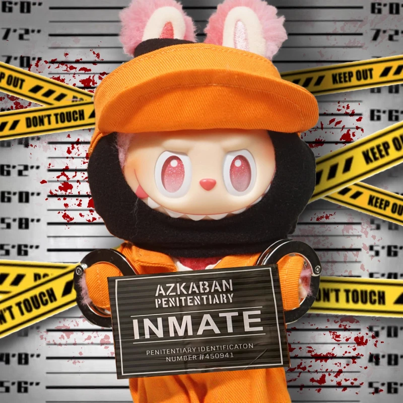 Labubu Clothes Halloween Prison Costume Orange Jumpsuit Mask Handcuffs Vinyl Figure Hanging Keychain Trendy Changeable Outfit