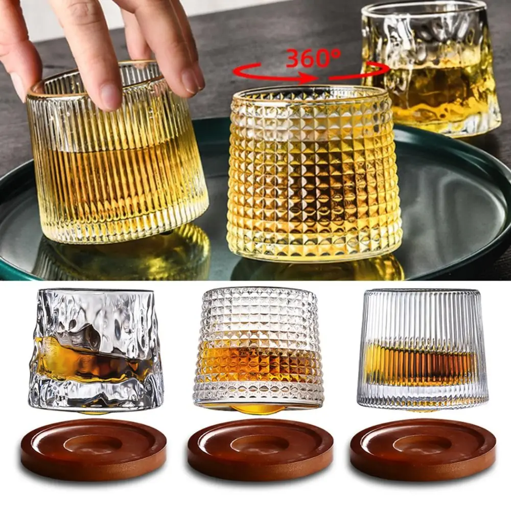 Whiskey Glasses Rotating Whisky Glass with Base 360 Rotate Degrees Crystal Rum Glass for Cocktail Party Drinking Glass