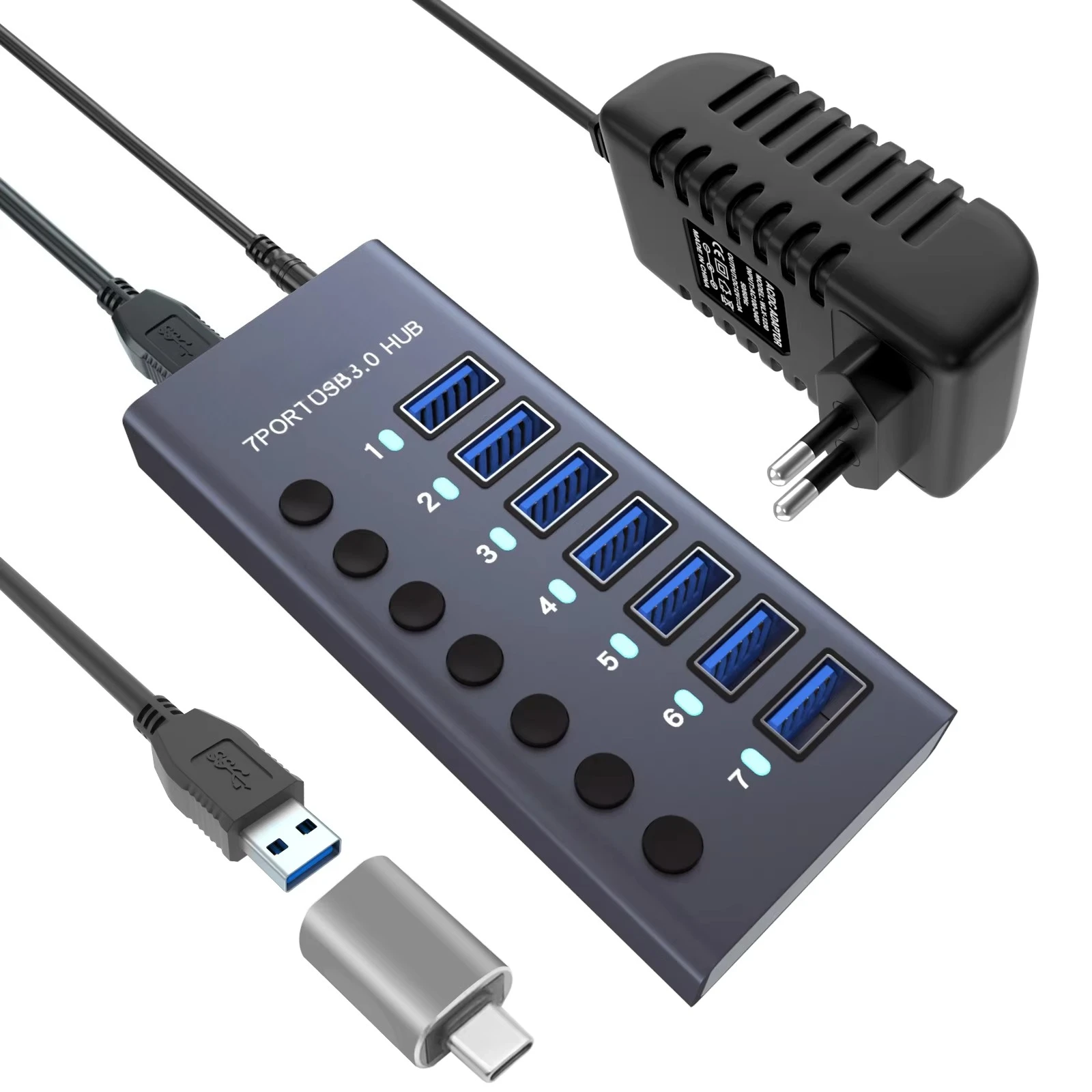 USB 3.0 Hub Mini C USB C Switch Power Adapter 7 Ports USB Converter Splitter Laptop Expander Accessories in Stock Gray