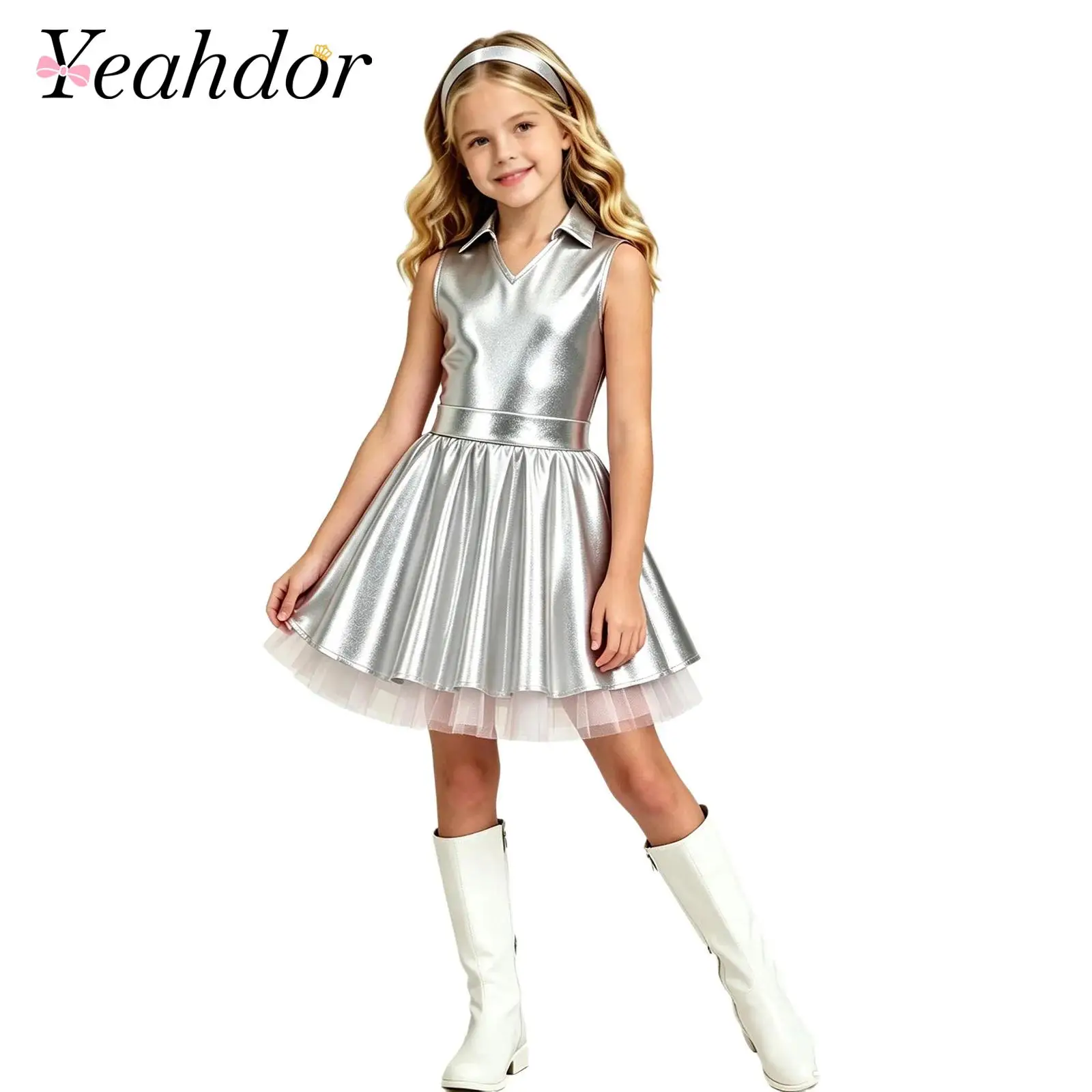 Girls Vintage Metallic Dress Kids Disco Tutu Dress Retreo Sleeveless Dress for Stage Performance Jazz Dance Hippie Costumes
