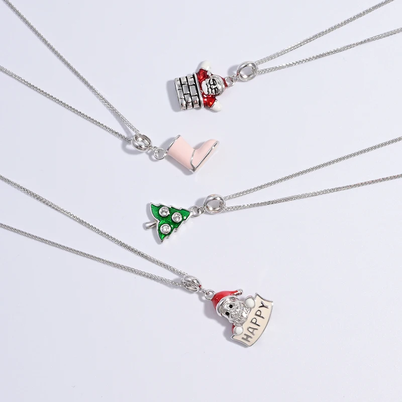 S925 Sterling Silver Christmas Tree Santa Claus  Christmas Stocking Pendants Necklace New Year Party Jewelry Gifts SL30