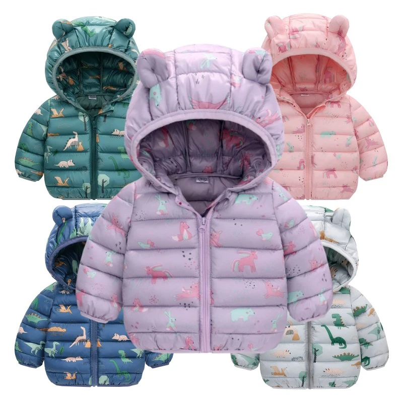 Winter Children Boys Baby Hooded Lightweight Down Jackets Warm Outerwear Kids Girls Coats Cartoon Dinosaur Print Casual Clothes