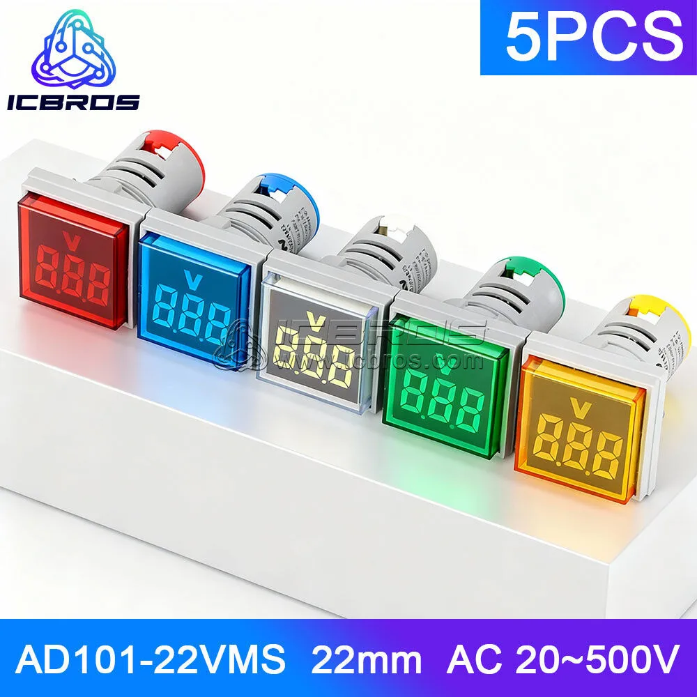 5pcs 22mm Large Screen Indicator Light Digital Display Square Voltmeter AC20~500V Digital Voltmeter Square Digital LED Indicator