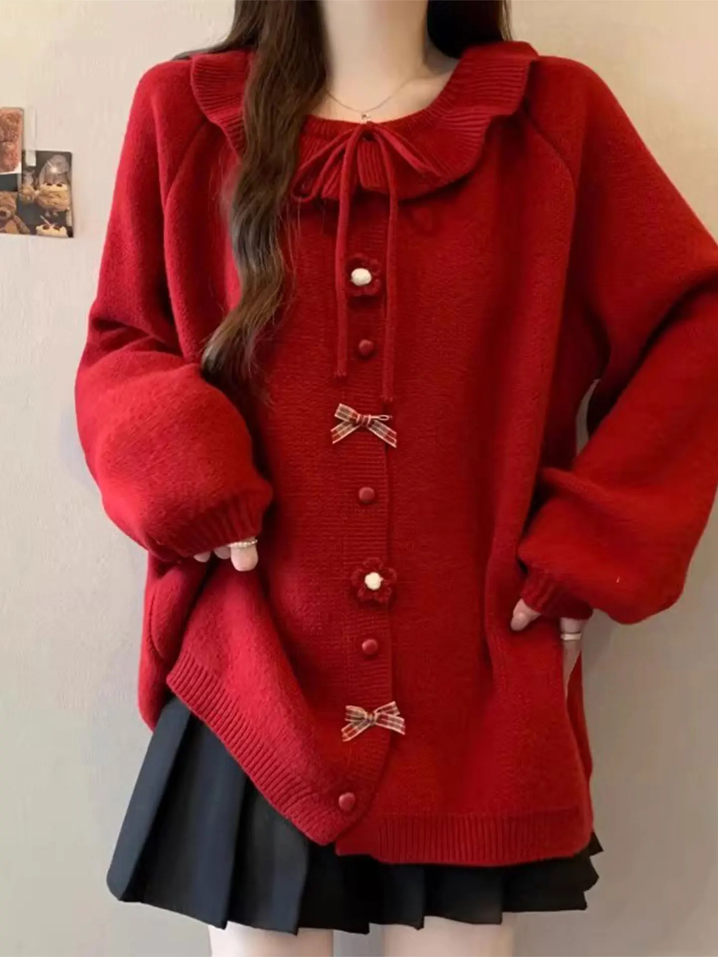 

Красный длинный свитер с кукольным воротником с рюшами и подолом, джемпер, женская зимняя верхняя одежда больших размеров, повседневная весенняя коллекция Sle