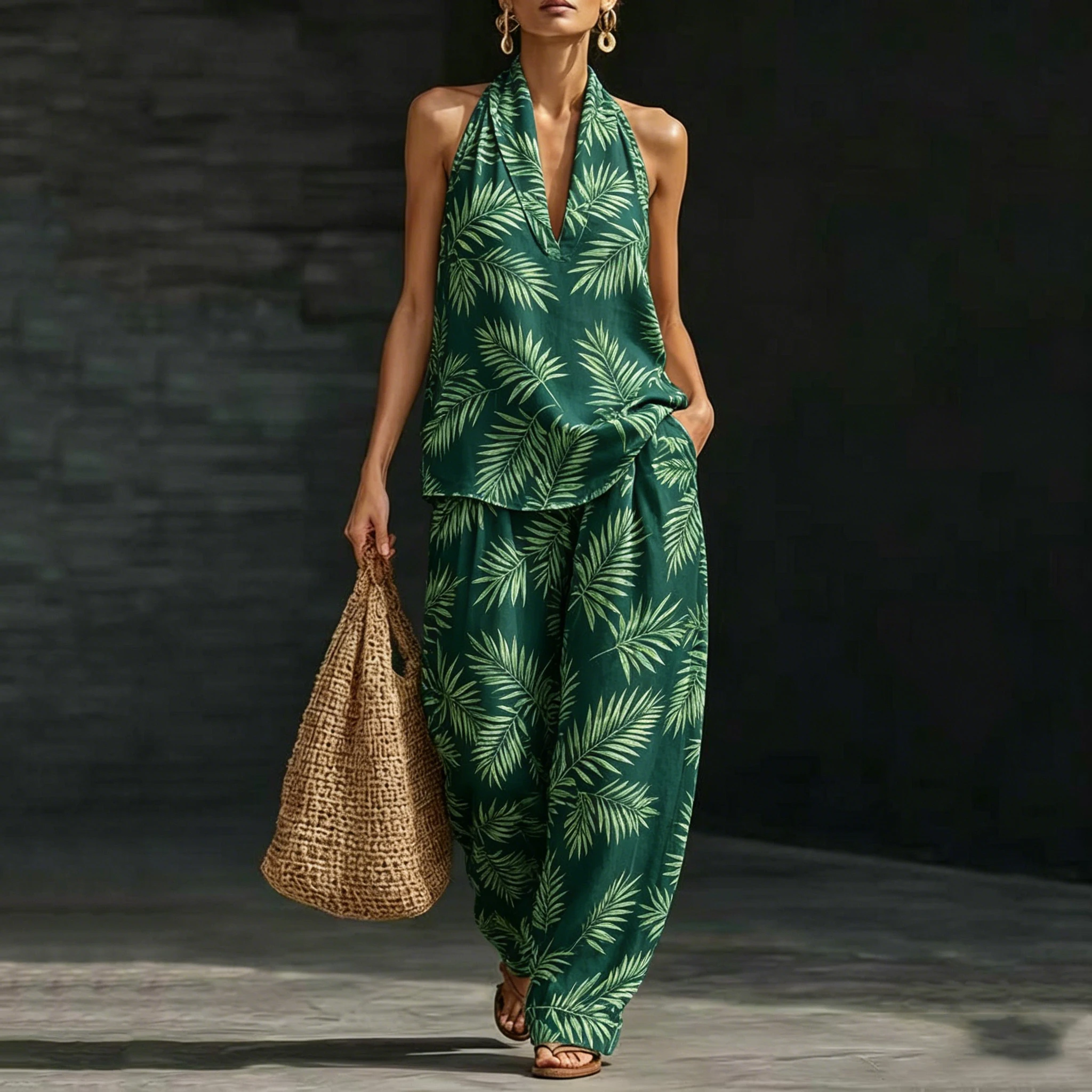 

Boho Leaf Print Women Two Piece Sets Outfits Summer Fashion Halter Neck Sleeveless V-Neck Tank Top & Loose Wide Leg Pants Set
