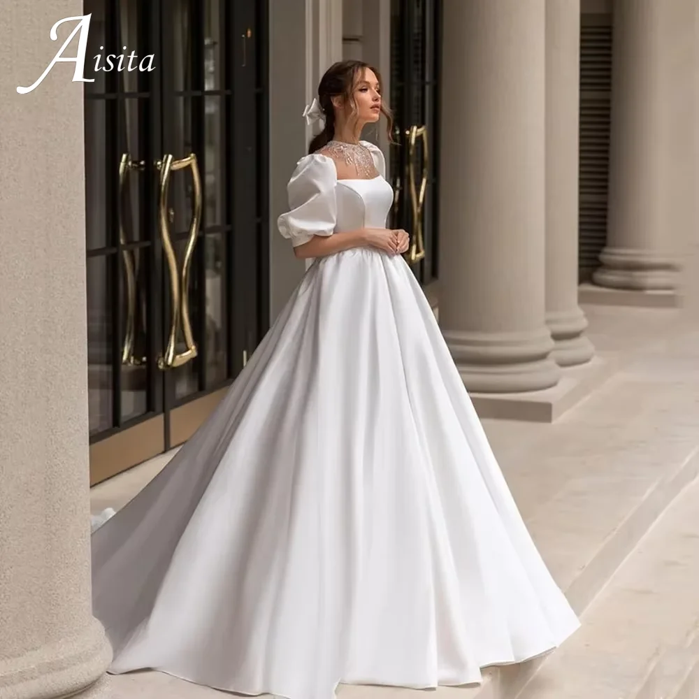 Elegant White Satin Wedding Dresses Square Collar A Line Puff Sleeves Bridal Gowns customized Vestidos De Novia With Sweep Train