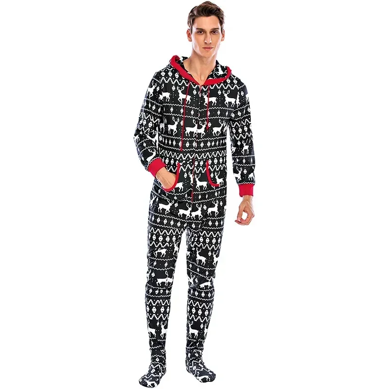 Men\'s Pajamas Home Wear Printed Pajamas Men\'s Long-sleeved One-piece Men\'s European and American Christmas Men\'s Pajamas Fall