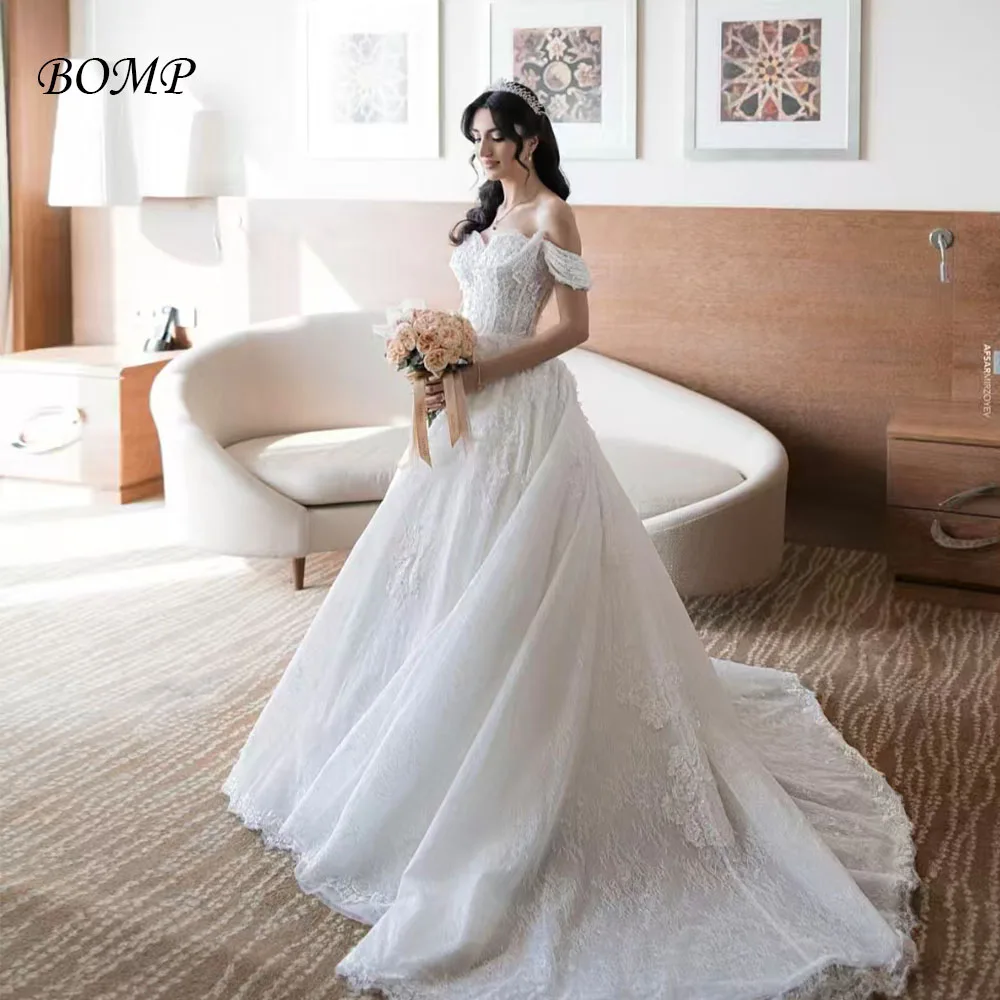 BOMP Princess White Lace Wedding Dress Off Shoulder Appliques Sweep Train A-Line Woman Bridal Gown Customized Robe de mariée